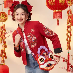 Traditional lion dance style plush crossbody bag with cute cartoon animal design