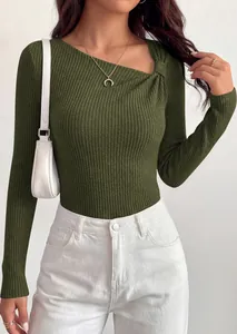 Detail showing olive green asymmetrical twist neck ribbed long sleeve knit top for women