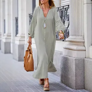 Loose cotton linen V-neck puff sleeve maxi shirt dress in sage green for vacation