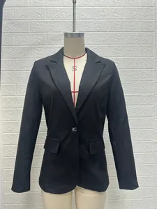 Front view detail of a classic black slim-fit women's blazer on a size S studio mannequin