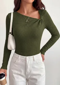 Slim fit dark green ribbed knit long sleeve top with asymmetrical twisted neck detail