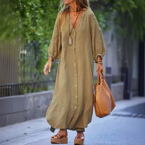 Casual bohemian loose linen maxi shirt dress with puff sleeves and V-neck for vacation