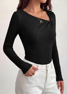 Elegant black slim-fit ribbed knit top featuring asymmetrical neck and twist shoulder detail