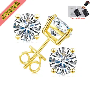 1 Carat Moissanite Stud Earrings For Women 925 Sterling Silver Gold Plated Screw Back Earrings With GRA Certificate Wedding Jewelry