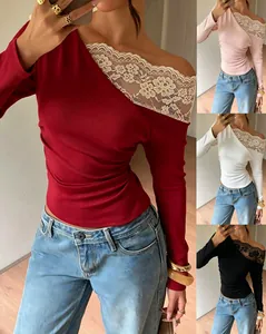 Elegant French style off-shoulder lace patchwork long sleeve T-shirt shown in various colors