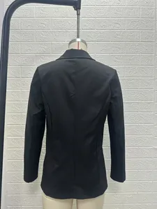 Back view of a minimalist black long-sleeved slim-fit commuter blazer for women.