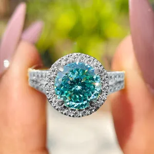 Close-up detail of luxury 1 carat cyan moissanite ring crafted in S925 sterling silver