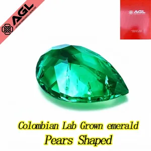 Macro detail of a vivid green faceted Colombian lab-grown emerald pear-shaped gemstone