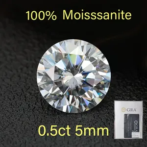 Close-up of 0.5ct round Moissanite with GRA certificate and hearts & arrows cut.