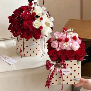 Polka Dot Velvet Flower Box Valentine Day Gift Packaging Hug Bucket Double Round Square Boxes DIY Floral Arrangements