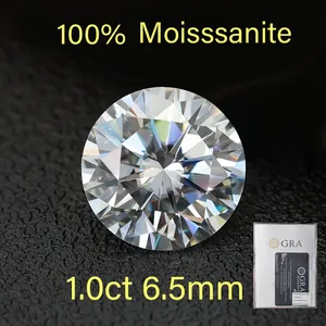 Close-up of a 1.0ct round brilliant cut Moissanite gemstone with GRA certificate