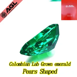 Macro view of a vibrant pear-shaped lab-grown Colombian emerald gemstone details