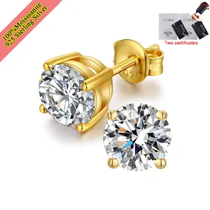 Close-up of 1ct moissanite stud earrings featuring 925 silver gold-plated screw back detail