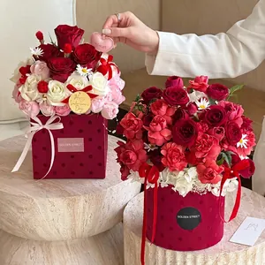 Elegant red velvet polka dot hug bucket flower box set for Valentine's Day DIY gift