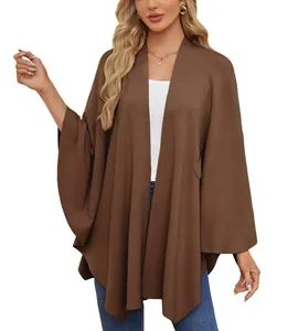 Châle poncho élégant pour femme couleur marron uni doux gilet cape cardigan haut
