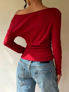 Detailed back view of a slim fit red French style off-shoulder long-sleeve T-shirt