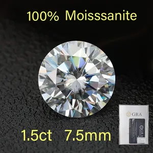 Close-up of a 1.5ct round cut moissanite gemstone with visible fire and GRA certificate