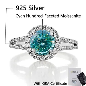 High-detail view of S925 silver ring with 1ct cyan moissanite and GRA certificate