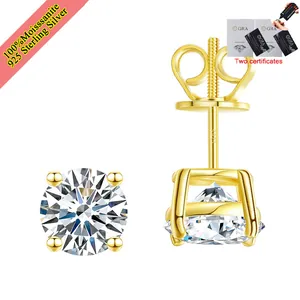 Detailed macro view of 1 carat moissanite stud earrings in gold-plated 925 sterling silver