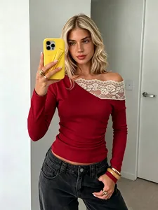 Elegant red long-sleeve shirt featuring French lace patchwork and asymmetrical off-shoulder.