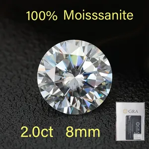 Macro view of a brilliant 2.0ct round moissanite with eight hearts and arrows cut