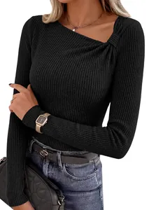 Close-up of black ribbed long sleeve shirt with asymmetrical twisted neckline detail
