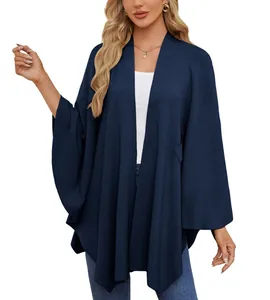 Châle cape en maille bleu marine élégant pour femme, veste cape douce et unie