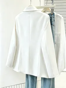 Elegant white commuting blazer back view showing sleek slim-fit tailoring design