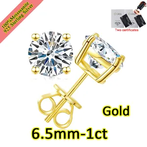 Detail of 1ct gold-plated moissanite stud earrings with secure screw-back design