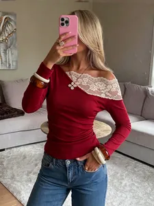 Detailed view of French style wine red long sleeve top with elegant white lace splicing