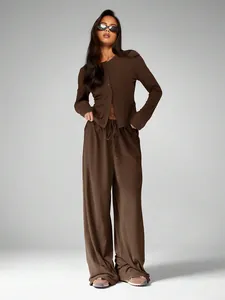 Casual brown two-piece set featuring long sleeve cardigan and high waist wide leg pants