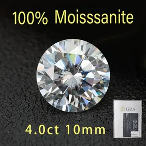 Brilliant round cut D color moissanite gemstone 4.0ct 10mm with authentic GRA certificate