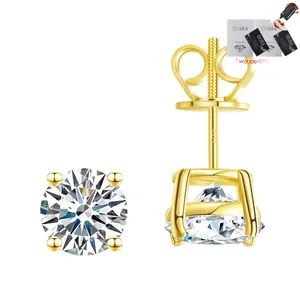 Elegant 1ct moissanite stud earrings made of 925 silver gold plated with secure screw back