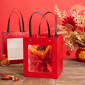 Red Gift Bag With Transparent Window Paper Tote Bag For New Year Party Wedding Banquet Souvenir Festive Packaging Handbag