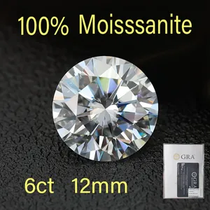 Detail view of 6ct 12mm round brilliant hearts and arrows moissanite with GRA certificate