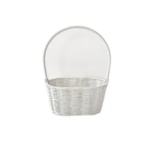 Elegant pure white handmade rattan flower basket with handle for DIY romantic bouquets