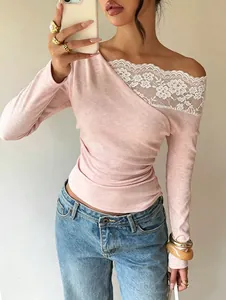 Elegant French style off-shoulder long sleeve top with white lace trim detail