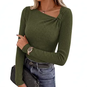 Elegant olive green slim fit ribbed knit top featuring an asymmetrical knot neckline