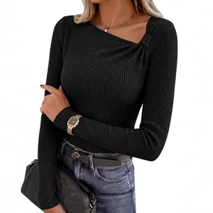Elegant women's black asymmetrical neck ribbed knit top with stylish knot detail and long sleeves