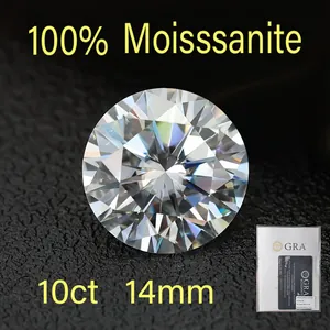 Detail shot of a 10ct 14mm round moissanite gemstone with brilliant D color fire.