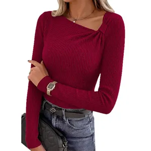 Elegant slant neck twist knot ribbed knit long sleeve top for women in burgundy red