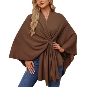 Châle poncho élégant pour femme marron uni cape souple en maille pour l'automne