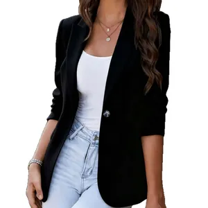 Elegant slim fit women's black long sleeve blazer jacket with one button closure