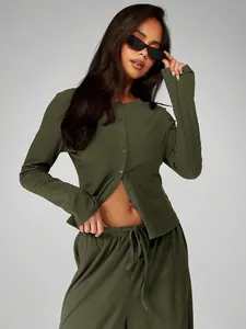 Detailed view of women olive green long sleeve cardigan and drawstring pants set