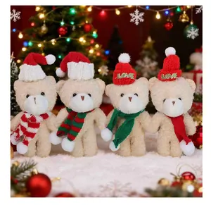 Festive set of four plush Christmas teddy bear dolls with colorful hats and scarves.