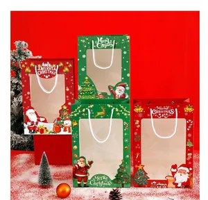 Sachets cadeaux de Noël festifs avec fenêtre transparente, motifs Père Noël et renne.