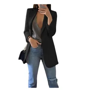 Stylish black slim-fit lapel blazer jacket for women, perfect for office commuting.