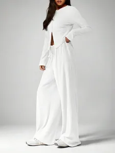 Comfortable white long sleeve cardigan and high waisted drawstring wide leg lounge set