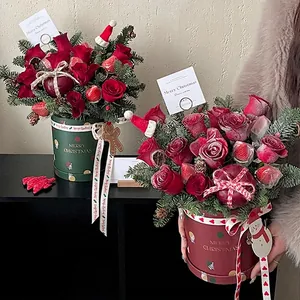 Christmas round flower box gift set with festive rose and fruit arrangements