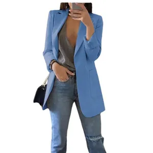 Elegant women's light blue lapel blazer jacket for casual business and office wear